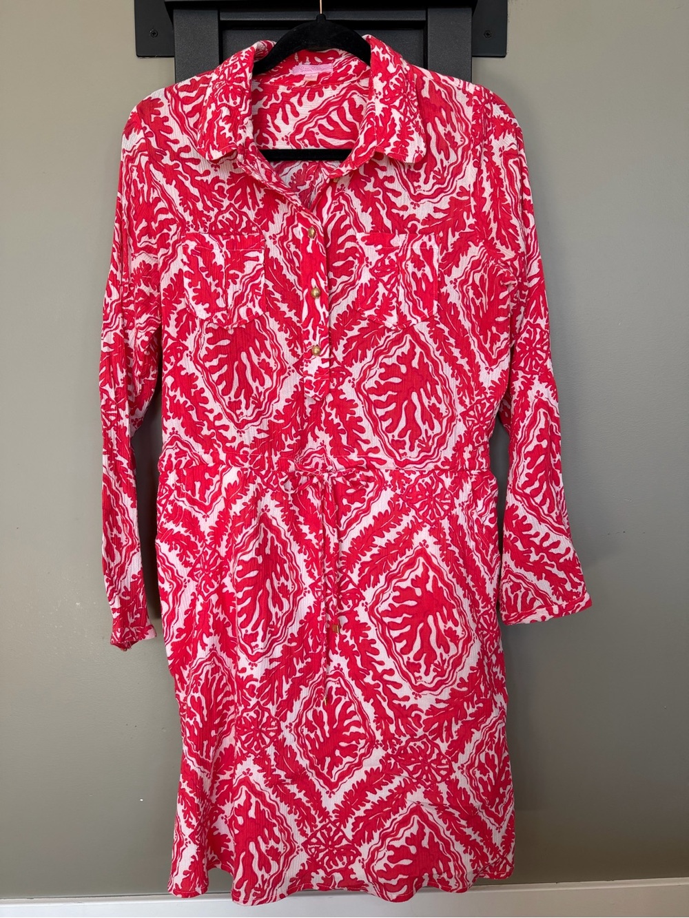 Lilly Pulitzer Coral Print Shirtdress Gold Buttons Lined Cotton Size 6